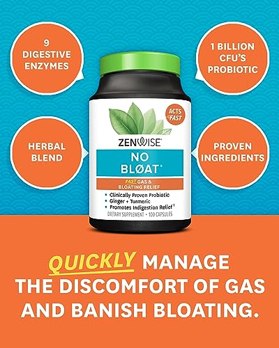 Zenwise No Bloat - Probiotics, Digestive Enzymes for Bloating and Gas Relief - Ginger, Dandelion, and Cinnamon to Improve Digestion - Vegan Water Retention Pills + Diuretic for Women & Men - 100 Count