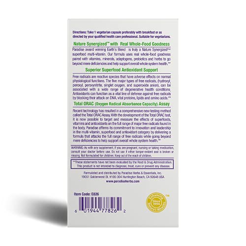 Paradise Herbs Earth's Blend, ORAC Energy Greens, Multivitamin, Contains No Iron, Contains Vitamins A,B,C,D,K2, 60 Vegetarian Capsules