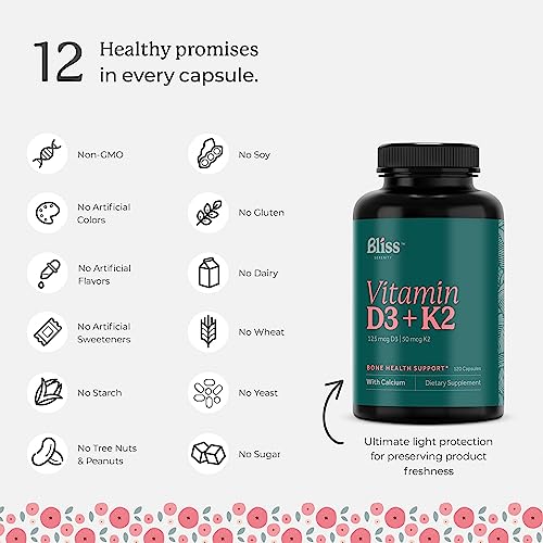 Bliss Serenity Vitamin D3 K2 - Vitamin D3 5000 IU with Vitamin K2 as MK-7, Calcium, and Phosphorus for Ultimate Absorption - Vitamin D Supplements, 120 Vegcaps, 120 Day Supply