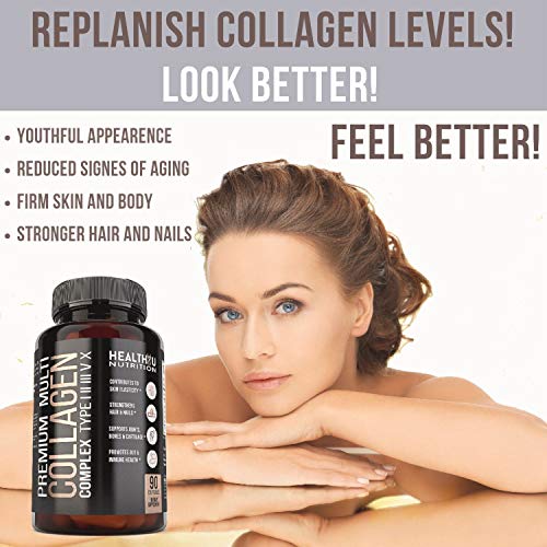 Premium Multi Collagen Peptides Pills - Hydrolyzed Collagen Capsules for Men and Women Types 1 2 3 5 10 - Radiant Skin Strong Hair and Nails - Healthy Bones Strong Joints and Muscles - 90 Capsules