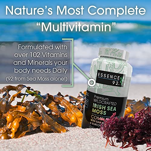 Essence 92’s Organic Sea Moss Capsules I Wildcrafted Irish Moss, Burdock Root, Bladderwrack Capsules I Immune System, Gut Cleanse & Thyroid Supplement I 60 Irish Sea Moss Vegan Dietary Supplement