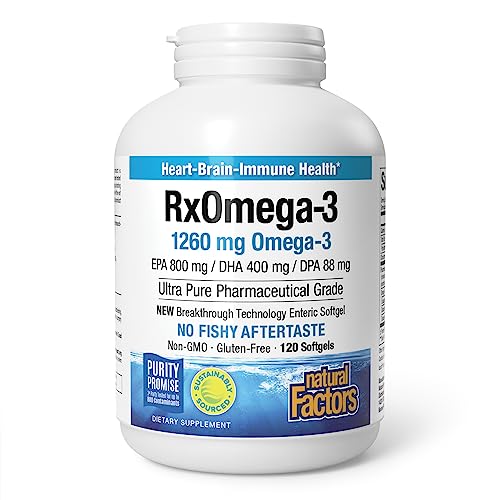 RxOmega-3 by Natural Factors, Natural Support for Heart Health with DHA and EPA, Daily Dietary Supplement, 240 Softgels, 120 Count (Pack of 1)