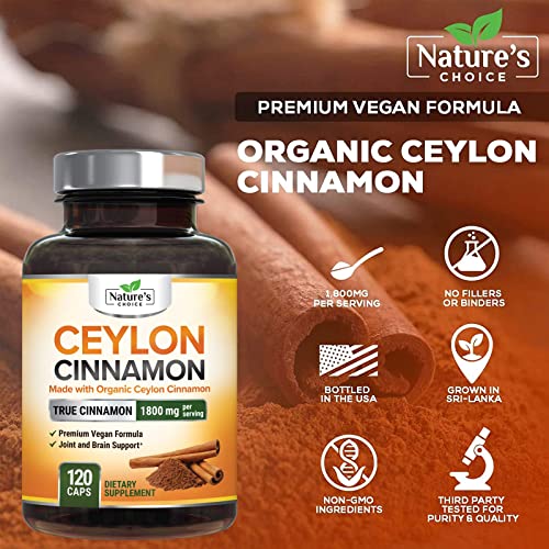 Pure Cinnamon Capsules - Certified Organic Ceylon Cinnamon Pills, Non-GMO, Gluten-Free, Dairy-Free, Sri Lanka Cinnamon Powder Supplement, Best Vegan True Cinnamomum Vitamins, Sugar Free - 120 Capsules