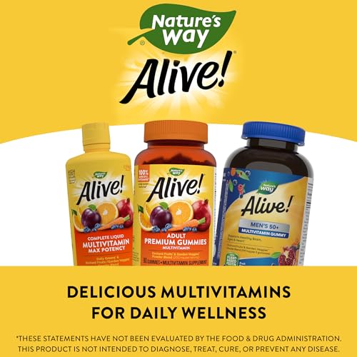 Nature’s Way Alive! Men’s 50+ Daily Gummy Multivitamins, Supports Healthy Brain, Eyes, Heart*, B-Vitamins, Gluten-Free, Vegetarian, Fruit Flavored, 150 Gummies (Packaging May Vary)