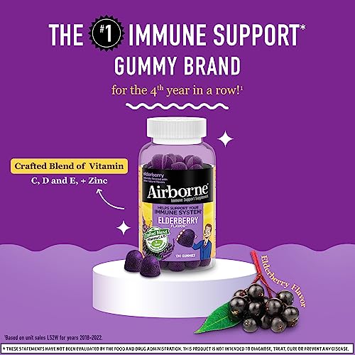 Airborne Elderberry + Zinc & Vitamin C Gummies For Adults, Immune Support Vitamin D & Zinc Gummies with Powerful Antioxidant Vitamins C D & E - 130 Gummies, Elderberry Flavor