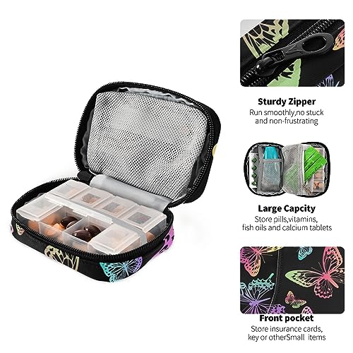 Rainbow Butterflies Travel Pill Organizer Case Daily Pill Box Organizer Protable Pill Container Medication Organizer for Vitamin Fish Oil Travel Family Business