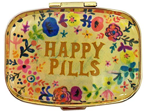 Battery Container for AAA/AA (4 PCS) +Cute Metal Pill Organizer Travel Friendly Compact Pill Box Pill Case to Hold Vitamins/Tylenol/Fish Oil/Meds/Tablet for Purse/Pocket(Happy Pills)