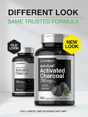 Charcoal Pills 780mg | 180 Capsules | Activated Charcoal from Coconut Shells | Non-GMO and Gluten Free | by Horbaach