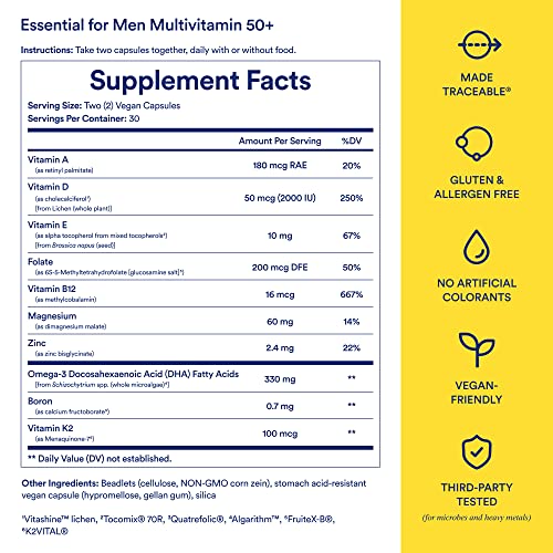 Ritual Multivitamin for Men 50 and Over with Zinc, Vitamin A and D3 for Immune Function Support*, Omega-3 DHA, B12, K2, Gluten Free, Non-GMO, Mint Essenced, 30 Day Supply, 60 Vegan Capsules