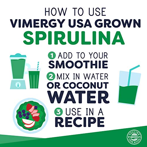 Vimergy Natural Spirulina Powder, 83 Servings – Super Greens Powder – Nutrient Dense Blue-Green Algae Superfood for Smoothies & Juices – Immune Support - Non-GMO, Gluten-Free, Vegan & Paleo (250g)