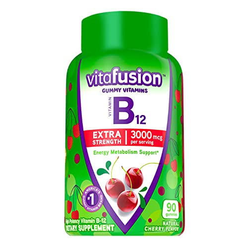 Vitafusion Extra Strength Vitamin B12 Gummy Vitamins for Energy Metabolism Support and Nervous System Health Support, Cherry Flavored, America’s Number 1 Gummy Vitamin Brand, 45 Day Supply, 90 Count