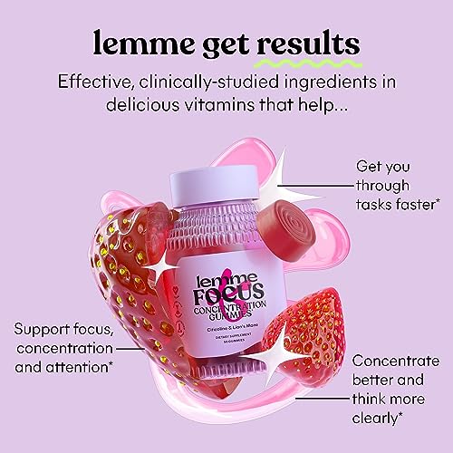 Lemme Focus Concentration & Brain Health Gummies with Cognizin Citicoline, Lion's Mane Mushroom, Vitamin B12 to Support Focus + Concentration - Vegan, Gluten Free, Caffeine Free, Strawberry (50 Count)