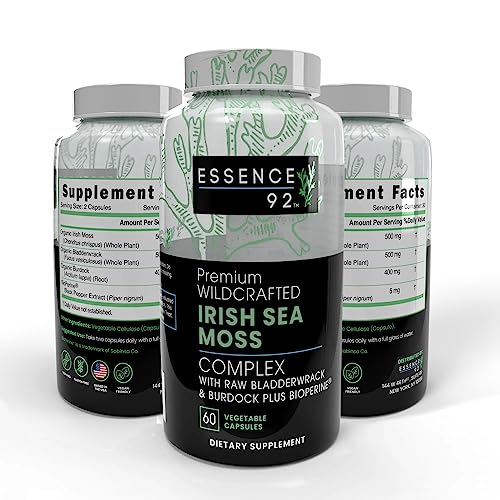 Essence 92’s Organic Sea Moss Capsules I Wildcrafted Irish Moss, Burdock Root, Bladderwrack Capsules I Immune System, Gut Cleanse & Thyroid Supplement I 60 Irish Sea Moss Vegan Dietary Supplement