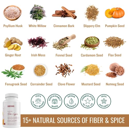 SUBSTANCE. - Nature's Fiber & Spices for Digestive Wellness - Supports Colon Cleanse - Formulated with Psyllium Husk, Flax Seed & Ginger - Dietary Fiber Supplement - Vegan-Friendly - 240 Capsule