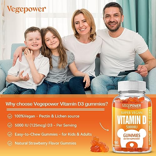 VEGEPOWER Vegan Vitamin D3 Gummies 5000 IU (125mcg) - 90 Count | for Immune Support, Bone Health, Energy Levels Boost, Non-GMO, Gluten Free, Vitamin D Supplement for Adults & Kids (Strawberry)