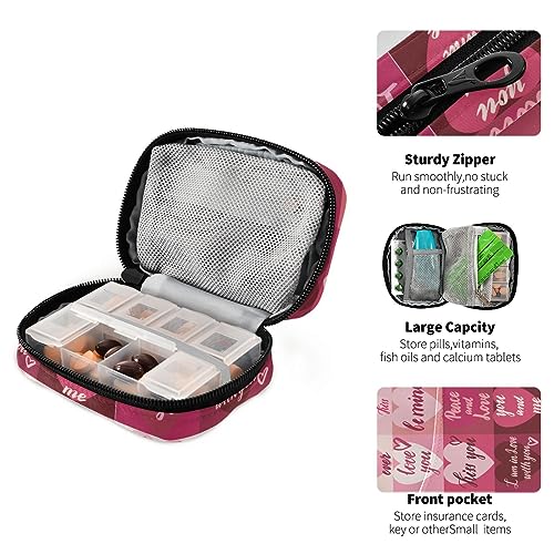 Valentines Day Hearts Travel Pill Organizer Case Weekly Portable Pill Bag Container 7 Days Pill Box Organizer for Fish Oils Vitamin Holder Supplement Travel Gifts