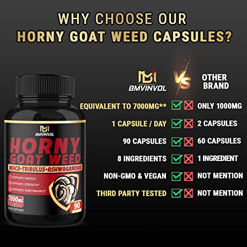 BMVINVOL Horny Goat Weed Capsules - 7000mg Herbal Equivalent - Maca, Ginseng, Tribulus Terrestris, Ashwagandha - Performance and Energy Support - 3 Months Supply