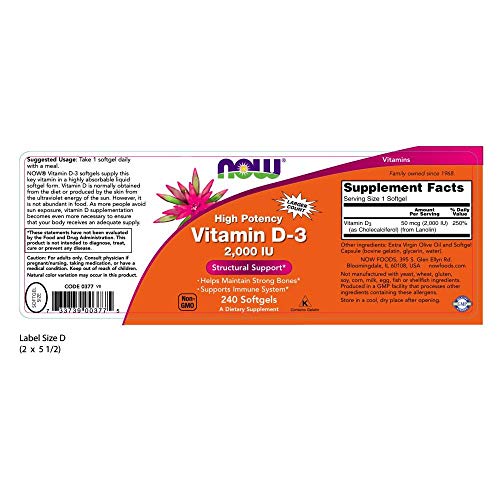 Vitamin D-3, 50 mcg (2,000 IU), 240 Softgels, Now Foods