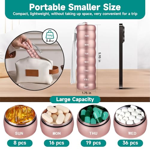 Metal Pill Organizer, Travel Pill Organizer 7 Days, Portable Medicine Organizer Pill Box, Aluminum Material, Sturdy and Waterproof. Daily Pill Box can Hold Vitamins, Fish Oil, Pills, Supplements