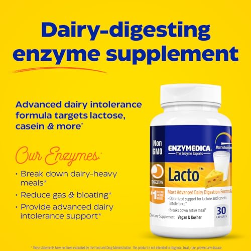 Enzymedica Lacto, Maximum Strength Formula for Dairy Intolerance, With Enzymes Lactase and Protease, Relieves Digestive Discomfort, 30 capsules (30 servings)