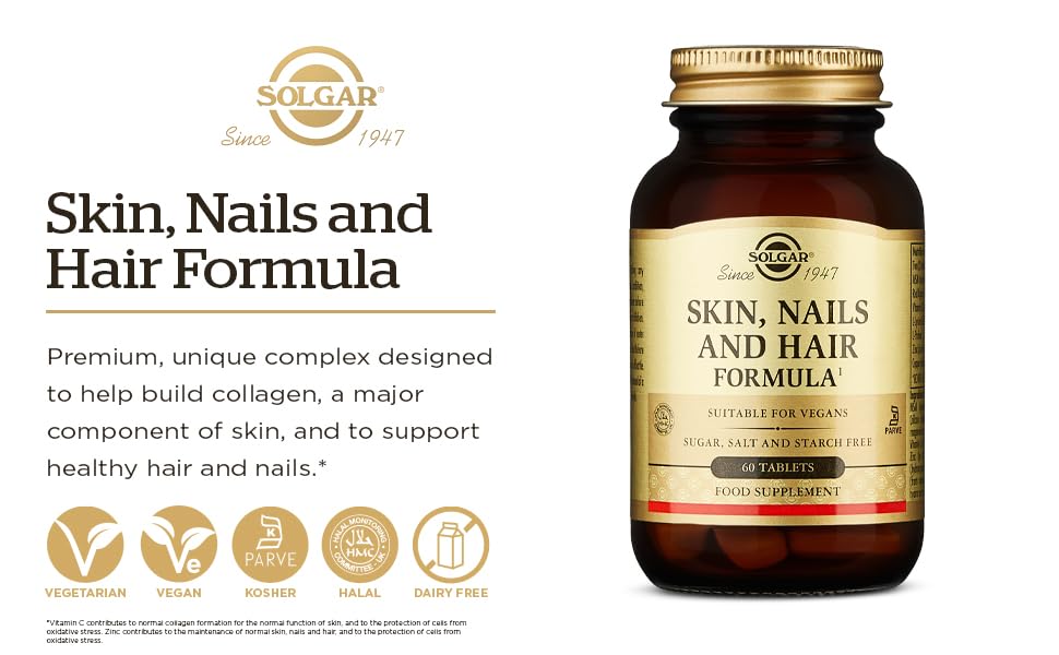 Solgar Skin, Nails & Hair, Advanced MSM Formula, 120 Tablets - Supports Collagen for Hair, Nail and Skin Health - Provides Zinc, Vitamin C & Copper - Non GMO, Vegan, Gluten & Dairy Free - 60 Servings