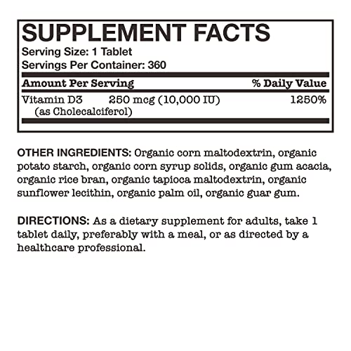 Futurebiotics Vitamin D3 10,000 IU (250 MCG) Supports a Healthy Immune Response, Helps Maintain Strong Bones and Muscles, 360 Organic Tablets