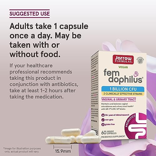 Jarrow Formulas Fem-Dophilus Probiotics 1 Billion CFU With 2 Clinically Effective Strains, Dietary Supplement for Vaginal and Urinary Tract Support, 60 Veggie Capsules, 60 Day Supply