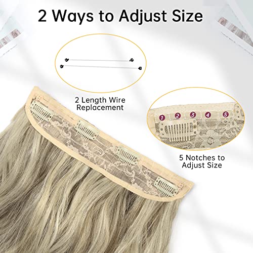 KooKaStyle Invisible Wire Hair Extensions with Transparent Headband Adjustable Size 4 Secure Clips Long Wavy Secret Wire Hairpiece 20 Inch for Women (Ash Brown mix Platinum Blonde)