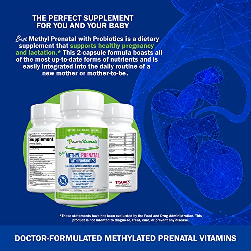 Power By Naturals Methyl Prenatal Vitamins with Probiotics, Methylfolate, B12, Iron & Ginger - 27+ Nutrients for a Healthy Pregnancy - 60 Capsules