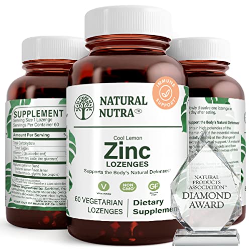 Natural Nutra Zinc Lozenges with Vitamin C, Lemon Flavor, Immune Support, Fortified with Bioflavonoids and Bee Propolis, Sublingual Zinc Gluconate, 60 Vegetarian Zinc Melts