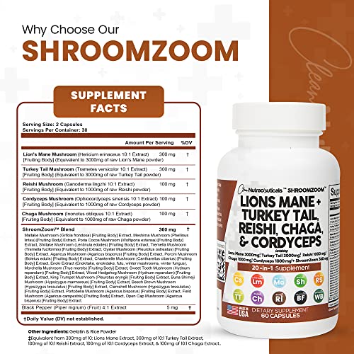 Lions Mane 3000mg 20in1 Mushroom Supplement with Turkey Tail 2000mg Reishi 1000mg Cordyceps Chaga Maitake Meshima Poria Cocos Shiitake Oyster Porcini Enoki Cognitive, Energy, Focus Pills USA