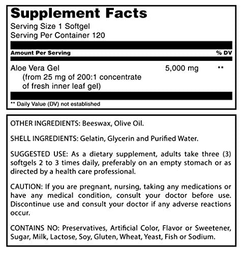 Herbal Secrets Aloe Vera Natural Dietary Supplements, 120 Softgels, 5000 Mg
