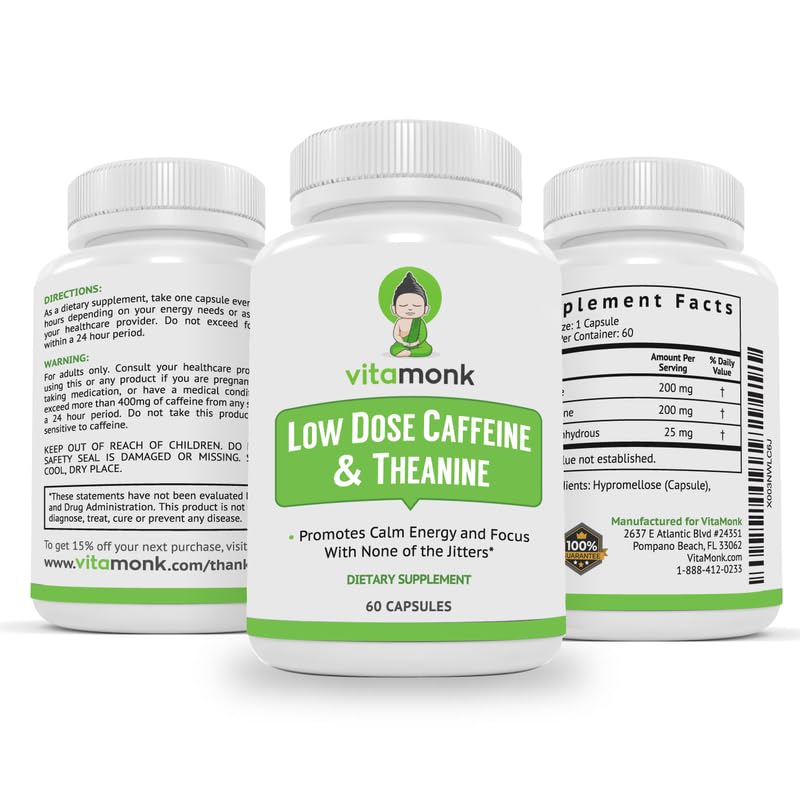 VitaMonk Low Dose Caffeine and Theanine - L Theanine Caffeine Pills - Microdose of L-theanine Caffeine Capsules - Time Release Caffeine Supplements - Caffeine L Theanine Pills - No Jitters - 60 Caps