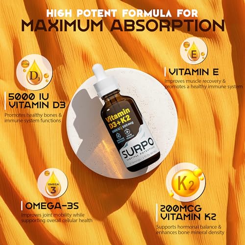 SURPO Vitamin D3 + K2 Liquid Drops with Omega 3 Oil - 5000 IU Vitamin D Drops K2 for Hormone Support & Bone Health - Liquid Vitamin D3 with K2 Drops for Maximum Absorption - 2Fl Oz Vitamin K2 D3