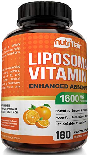 NutriFlair Liposomal Vitamin C 1600mg, 180 Capsules - High Absorption, Fat Soluble VIT C, Antioxidant Supplement, Higher Bioavailability Immune System Support & Collagen Booster, Non-GMO, Vegan Pills