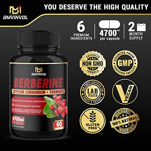 BMVINVOL Berberine Supplement 4700mg for Cardiovascular Health - High Potency with Ceylon Cinnamon, Turmeric - Supports Immune System - Berberine HCl Supplement Pills