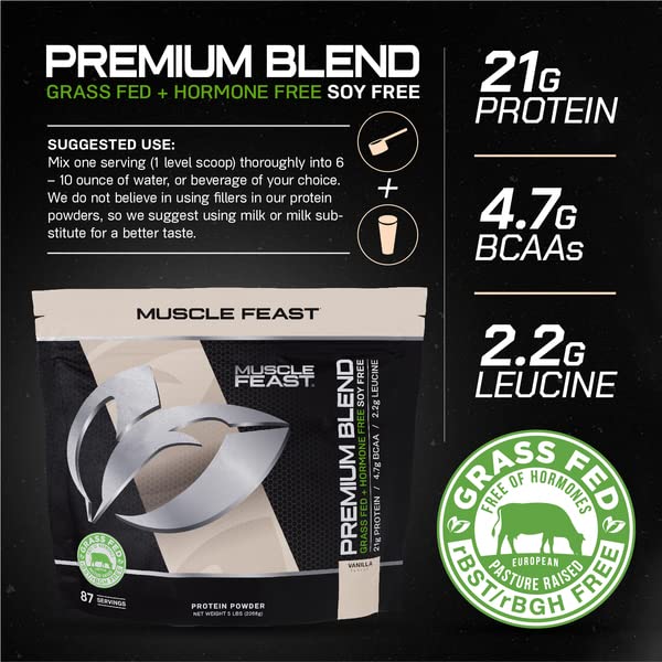 MUSCLE FEAST Grass Fed Premium Blend Whey Protein, Hydrolyzed Whey, Isolate, Micellar Casein, Kosher Certified, 21g Protein, 100 Calories (Vanilla, 5lb)