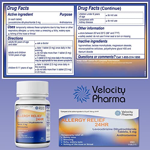 Velocity Pharma Levocetirizine Dihydrochloride 5mg USP Tablets, 24 Hour Allergy Relief Non-Drowsy Antihistamine, 180 Count