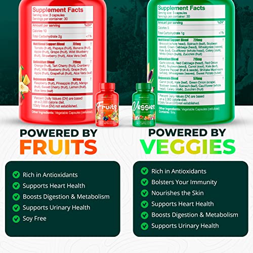 POWERED X PLANTS Fruits & Veggies Capsules - Natural Superfood Packed with Vitamins & Minerals - Fruit & Vegetable Supplements for Adults Pack of 6, 90 Capsules Each