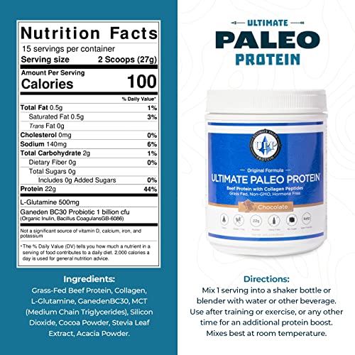 Ultimate Paleo Protein Powder | Premium Grass Fed Beef Protein with Collagen Peptides | Paleo Friendly, Gluten Free, Keto Friendly, No Artificial Sweeteners or Preservatives - Chocolate, 30 Servings