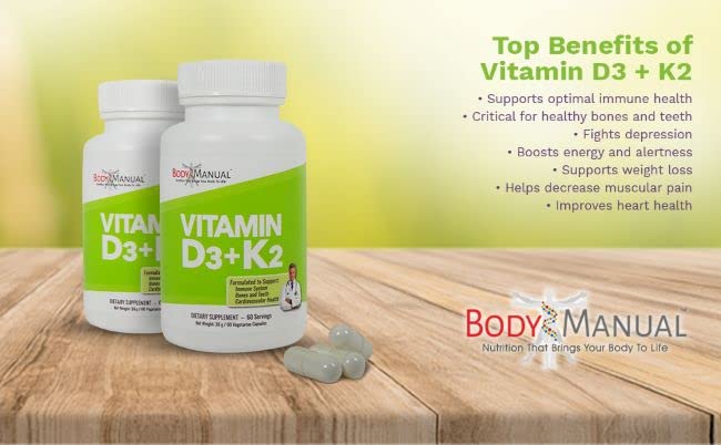 Body Manual Vitamin D3 (5,000 IU) + K2 (as MK-7 160 mcg) | GMO, Gluten & Dairy Free | Supports Immune and Cardiovascular Health, Brain Function, Bones, and Teeth | Easy to Swallow Capsules (60)