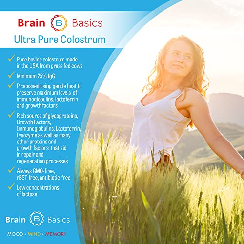 Brain Basics Ultra-Pure Colostrum, 4000mg per Serving, Min 25% IgG antibodies, Gut-Brain-Immune Health, Glowing Hair and Skin. Colostrum Powder from Grass-Fed Cows. 120 Grams - 30 Servings