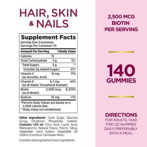 Nature's Bounty Hair, Skin & Nails with Biotin, Strawberry Gummies Vitamin Supplement, Supports Hair, Skin, and Nail Health for Women, 2500 mcg, 140 Ct