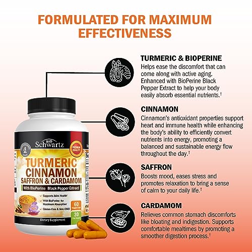 Turmeric Cinnamon Supplement with Saffron and Cardamom Plus BioPerine Black Pepper Extract for Max Absorption - Natural Tumeric Curcumin Joint Support Supplement for Women and Men - 60 Capsules