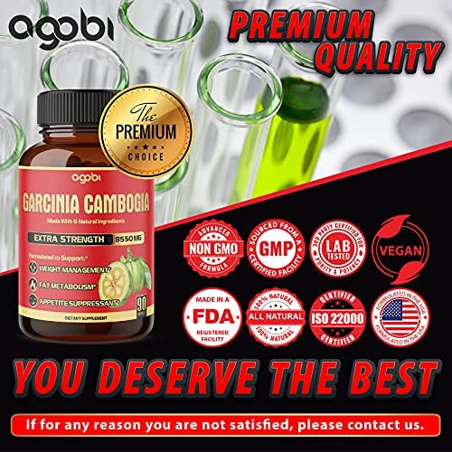 agobi Pure Garcinia Cambogia Capsules 8550mg - 6in1 with Green Tea, Arjuna, Garlic Bulb, Turmeric & Black Pepper - Weight Support Supplement - Appetite Suppressant - 90 Counts