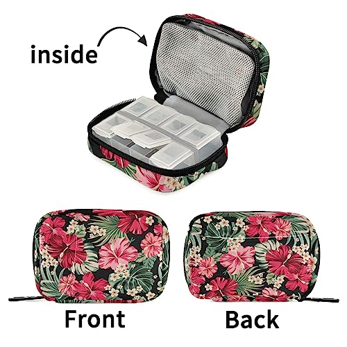 Exotic Hawaiian Tropical Hibiscus Travel Pill Organizer Case Weekly Portable Pill Bag Container 7 Days Pill Box Organizer for Vitamins Medication Fish Oil Supplements