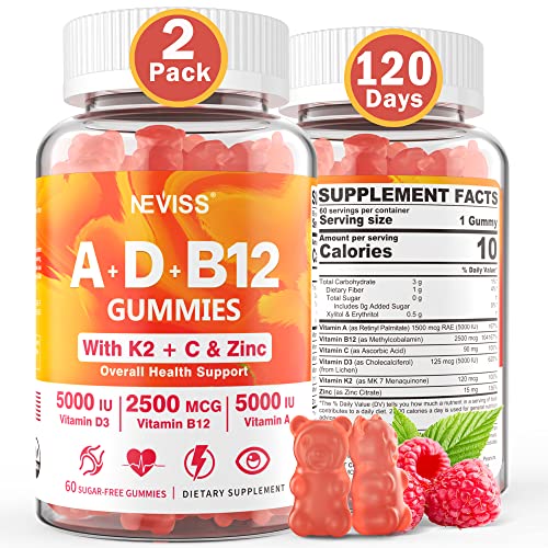 Sugar-Free Vitamin ADK + Vitamin B12 Gummies for Adults - B12 Vitamins 5000mcg 2500mcg, Vitamin A, Vitamin D 10000iu 5000iu, Vitamin D3 K2, C, Zinc for Eye,Bone,Heart,Energy,Mood,Nerve,Immune,120 Days