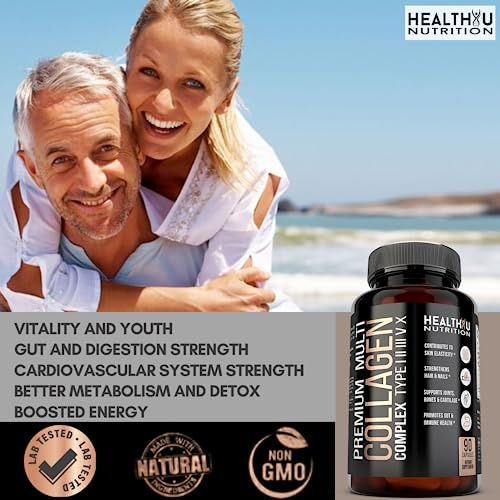 Premium Multi Collagen Peptides Pills - Hydrolyzed Collagen Capsules for Men and Women Types 1 2 3 5 10 - Radiant Skin Strong Hair and Nails - Healthy Bones Strong Joints and Muscles - 90 Capsules