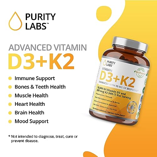 Purity Labs Vitamin D3 K2 10000 IU, (250mcg) D3 + 200mcg K2 MK7 - Immune Support Supplement Enhanced with Bioperine - Vegan Supplements for Daily Defense, Bone, Muscle & Skin Health - 120 Capsules