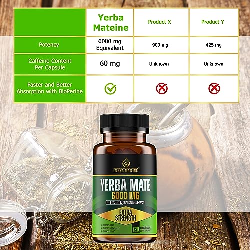 6000mg Extra Strength Yerba Mate High Potency, 60mg Caffeine Per Capsule, Extract Pills Supplements for Clean Energy, Focus, Nootropic, Made in USA - 120 Caps